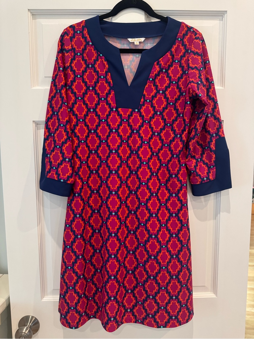 All For Color Navy Trim Dress with Pink and Red Geometric Print